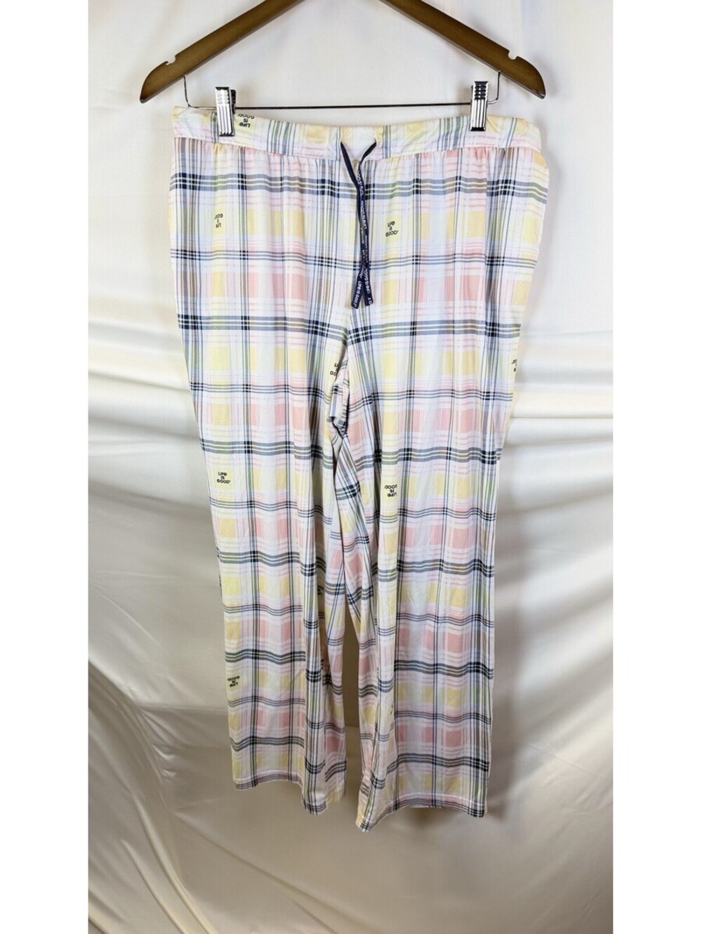 Life Is Good Sleep Pink Blue Plaid Soft Knit Pajama Loung Pants Sz L